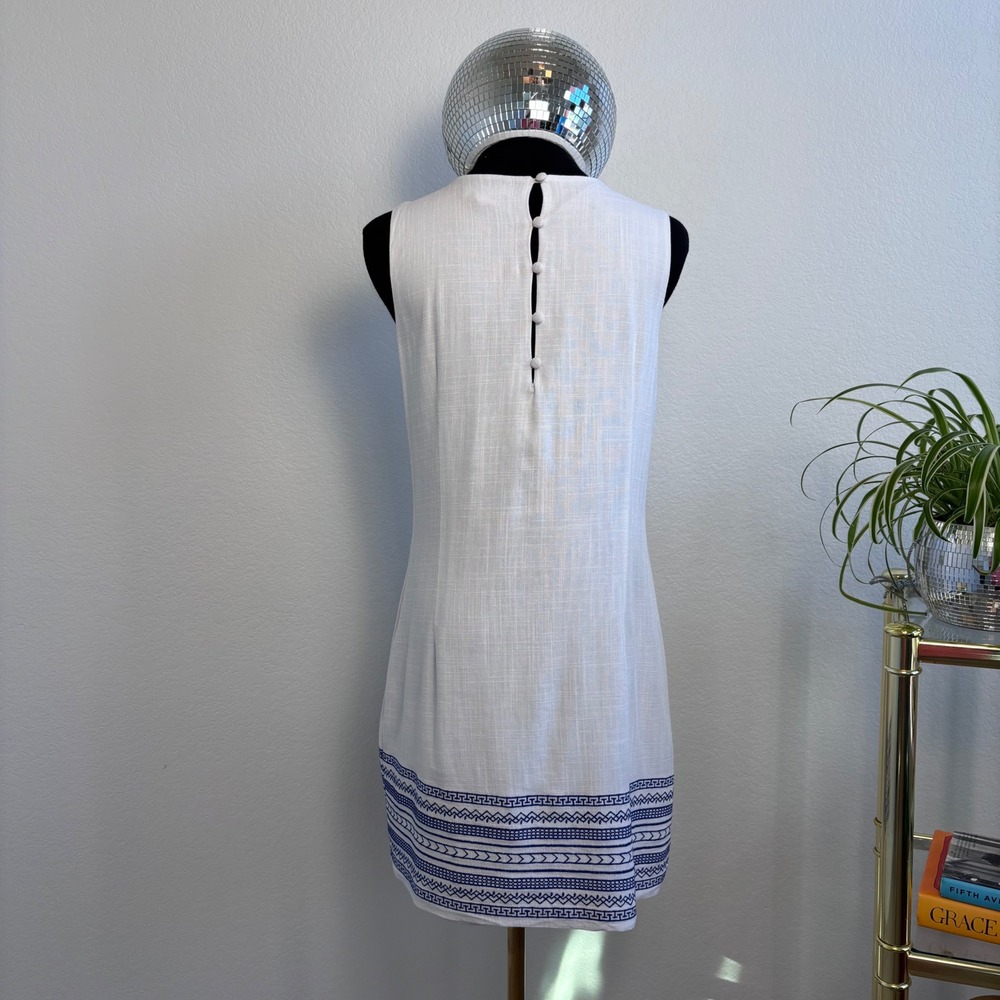 Soieblu Grecian Embroidered Cotton Linen Shift Mini Dress Size Small White Blue - Picture 6 of 15